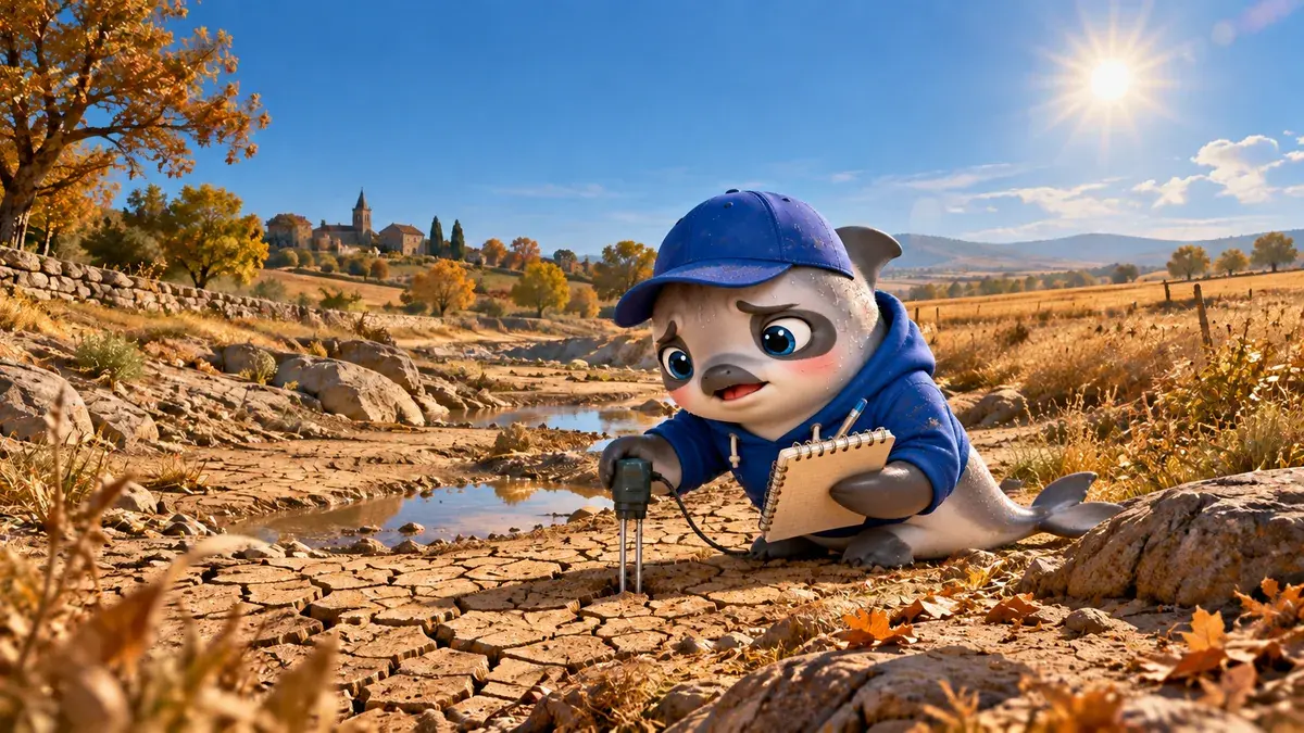 La vaquita examine un sol craquelé au bord d’un cours d’eau presque asséché.