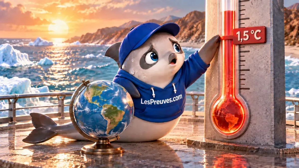 La vaquita surprise observe le repère symbolique de 1,5 °C sur un instrument pédagogique.