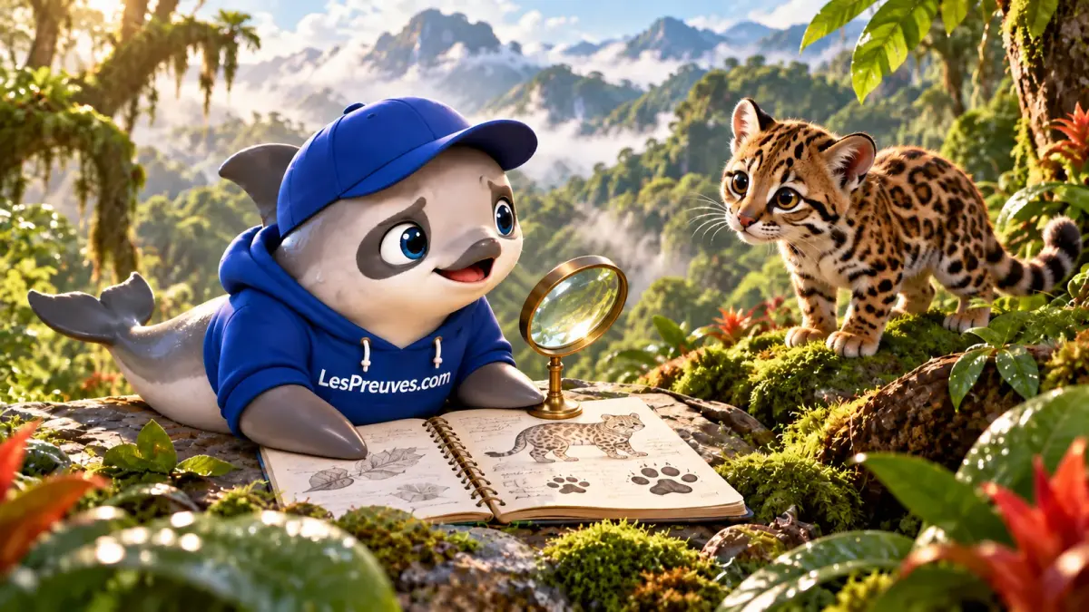 La vaquita observe avec curiosité un petit félin tacheté près d’un carnet naturaliste dans une forêt de montagne.