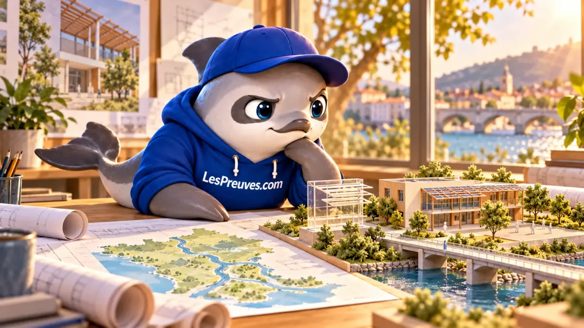 La vaquita LesPreuves examine des plans et une maquette de bâtiment avec protections solaires, dans une scène de planification fictive.
