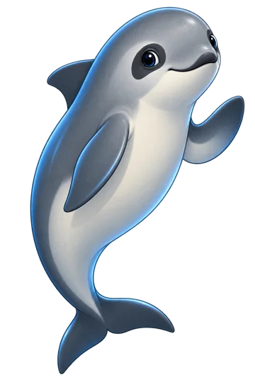 Mascotte LesPreuves : un vaquita gris aux yeux cerclés de noir, levant une nageoire.