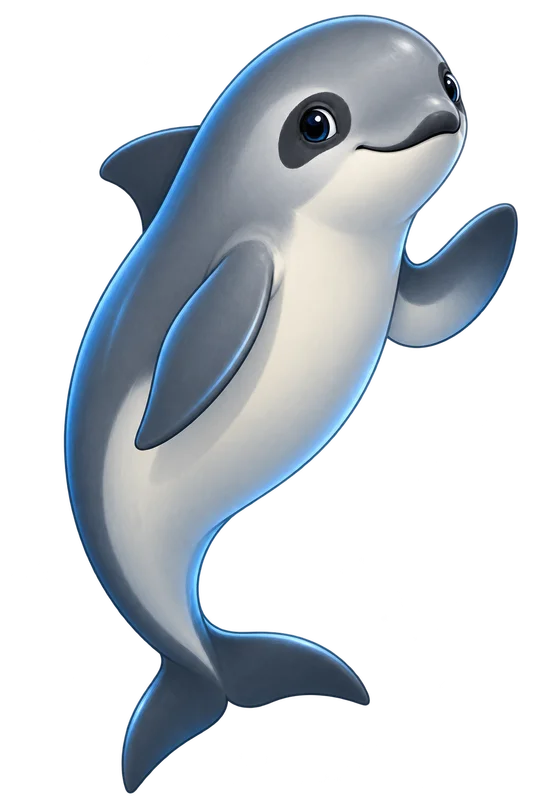 Le vaquita de LesPreuves, une mascotte grise et bleue aux marques sombres autour des yeux.